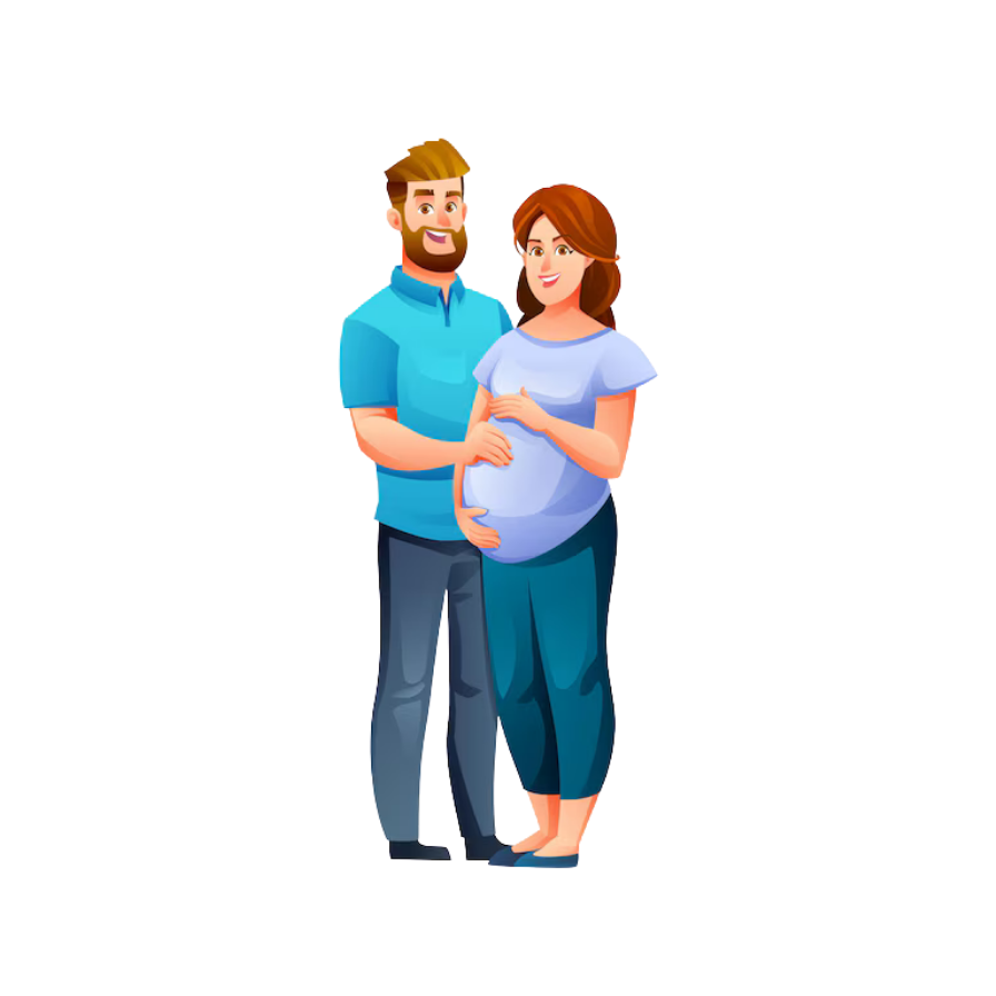 Illustration of a husband and wife with a baby in the womb, representing maternity and newborn coverage under Insurance Wala’s family health insurance plans in Pakistan.