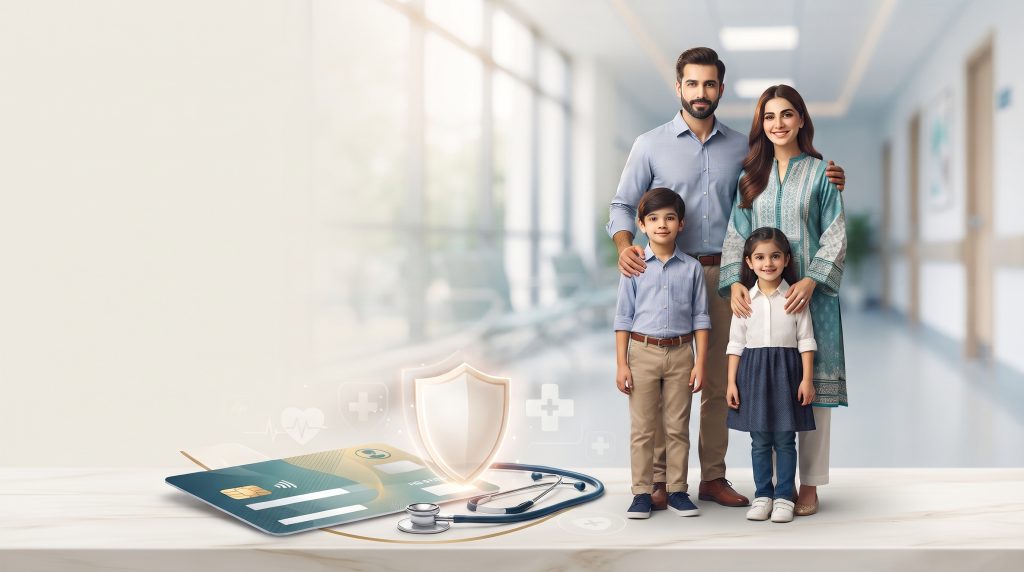 Pakistani family of four with health insurance card, stethoscope and protective shield in modern hospital setting