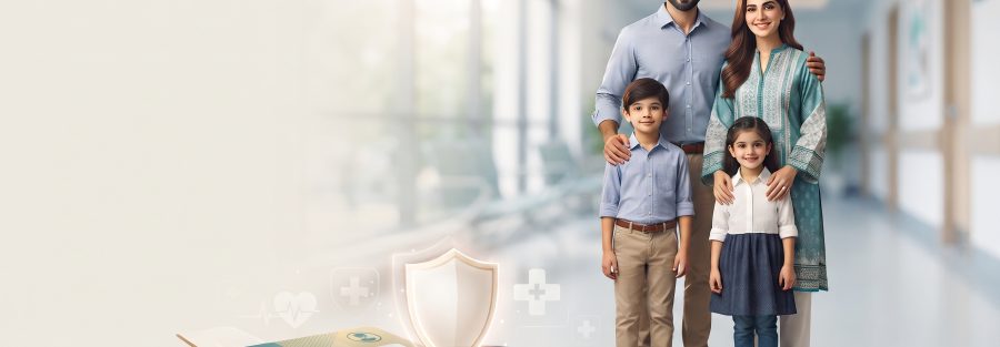 Pakistani family of four with health insurance card, stethoscope and protective shield in modern hospital setting