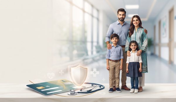 Health Insurance in Pakistan - Family Protection & Coverage Guide Pakistani family of four with health insurance card, stethoscope and protective shield in modern hospital setting